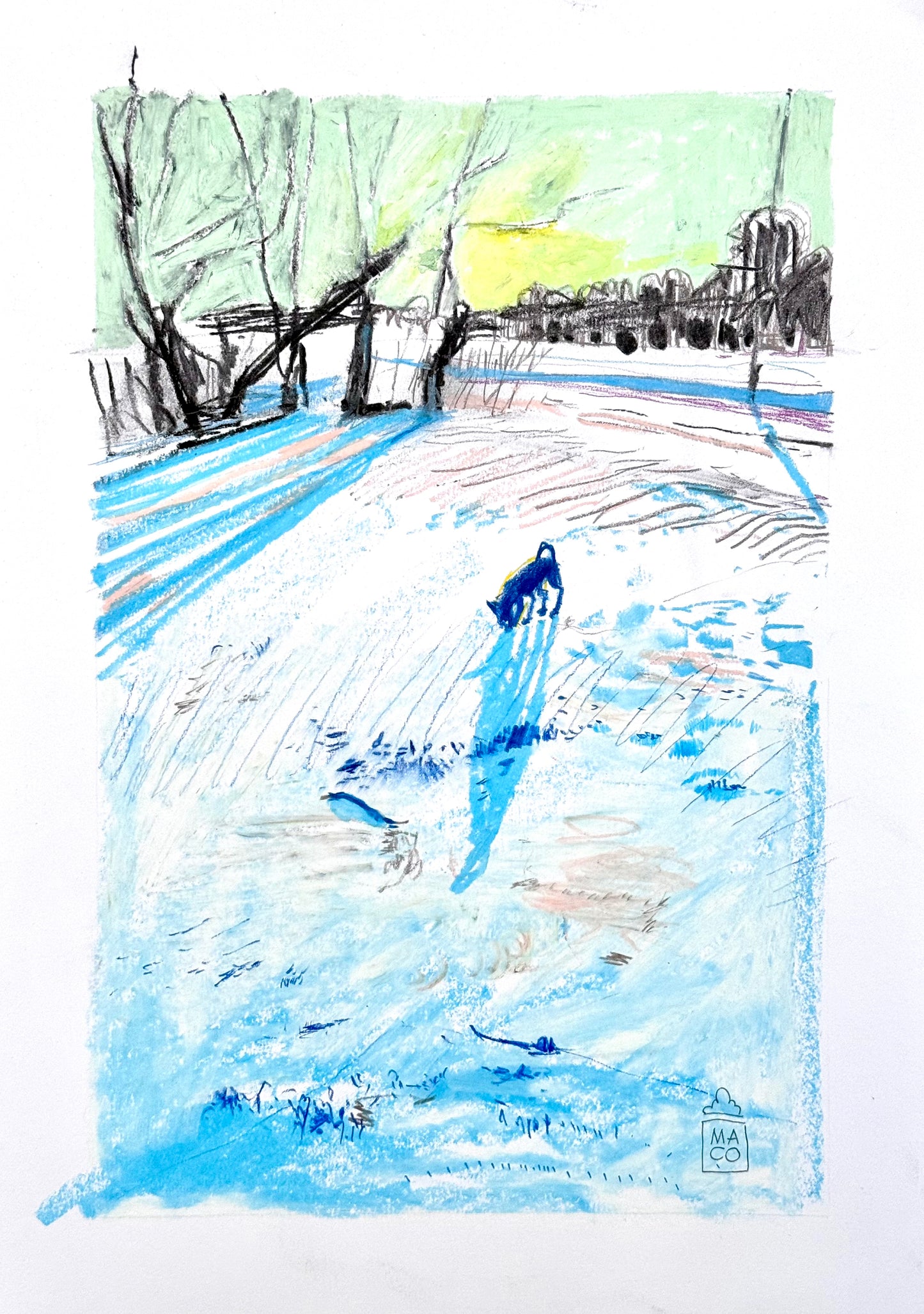 Pejzaż w śniegu z psem